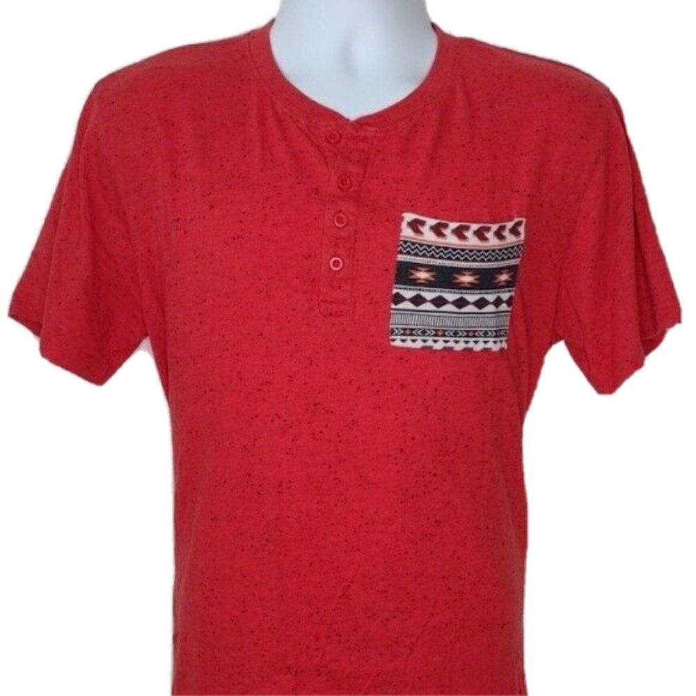 Carbon Red Henley Western Style Pocket Short Sleeve T-shirt Men Large
